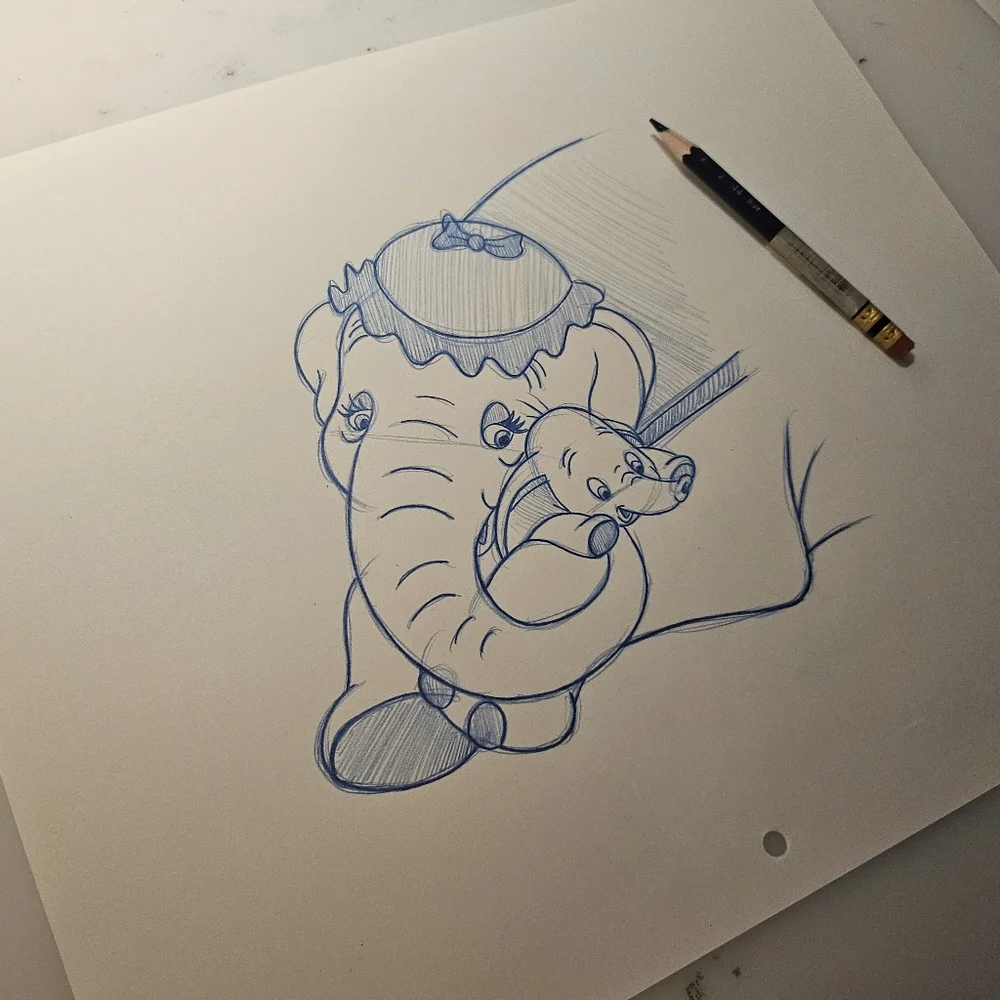 Disney Dumbo and Mrs. Jumbo mom Drawing/Sketch animation art signed - Picture 2 of 6